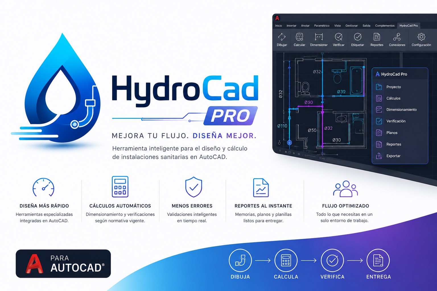 HydroBIM CAD Pro en AutoCAD: panel de cálculo hidráulico, gasto máximo probable, exportación a Excel y memoria de cálculo.