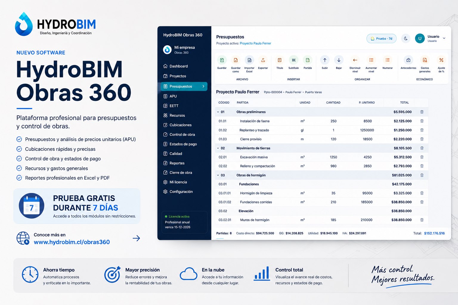 HydroBIM Obras 360 — vista de la aplicación con sus módulos: presupuestos, APU, cubicaciones, control de obra y estados de pago.