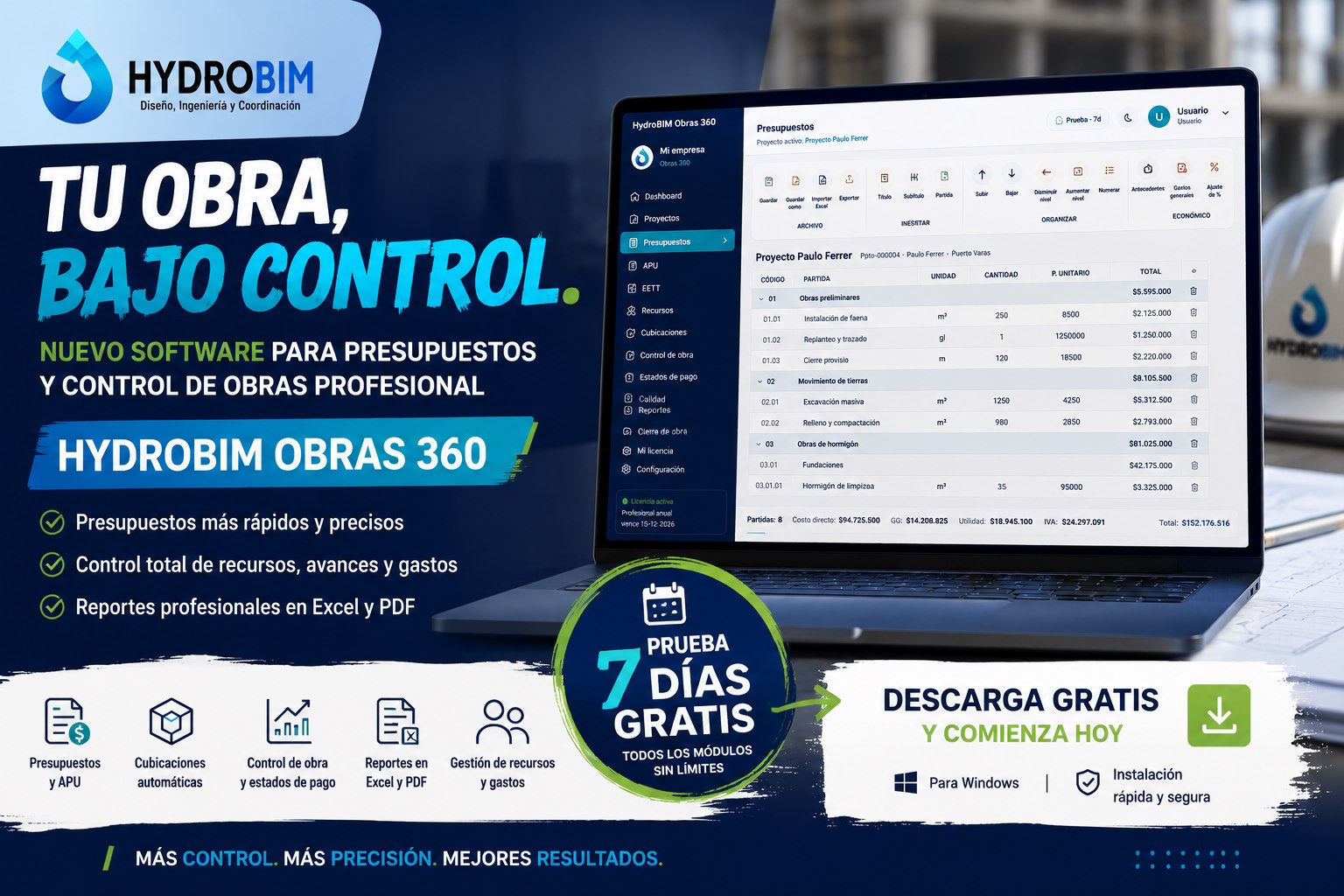 HydroBIM Obras 360 — Tu obra, bajo control. Nuevo software para presupuestos y control de obras profesional. Prueba gratis 7 días.